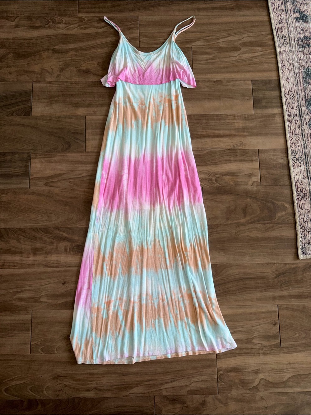 Lulu's Striped Tie-Dye Maxi Dress in Pink, Peach & Light Blue